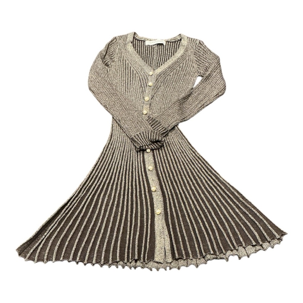 Taylor Metallic Ribbed Knit Dress Gold Button Front Size M - Picture 7 of 8